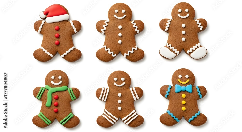 Fototapeta premium Six gingerbread men with icing on a white surface
