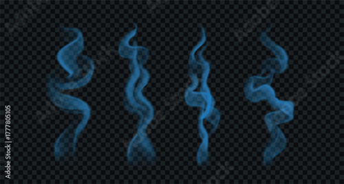 Blue curved smokes from incense. Steam from potion, food, or drink isolated on transparent background