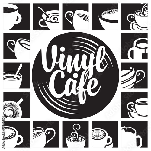 Vector menu or banner for cafe or music restaurant with vinyl records, cups in squares and vintage style lettering. Advertising poster, signboard, logo, menu. No ai used