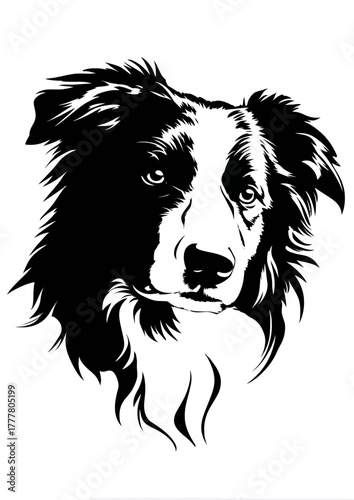 Striking black and white dog head illustration, intelligent canine vector graphic, loyal pet portrait, artistic animal artwork