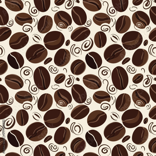 A seamless, repeating pattern of illustrated roasted coffee beans and decorative swirls on a light cream background.