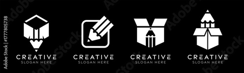 Set of pencil box logo design templates. Modern isolated box with pencil design for education, design, and stationery.