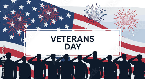 Veterans Day celebration with saluting soldiers and fireworks, perfect for promotional materials and educational use to honor veterans
