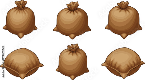 Brown cloth sacks, empty burlap bags, triangular base, textile texture, top view, side view, packaging, rustic, storage, farming