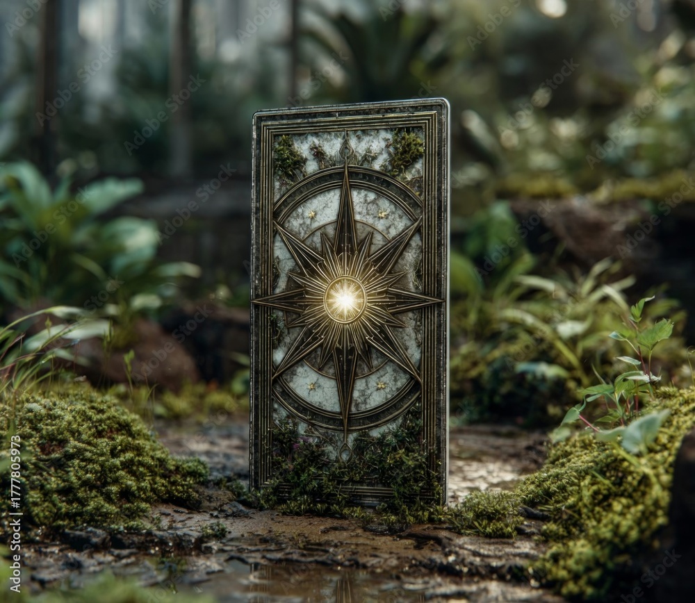 Naklejka premium Mystical Tablet in Nature's Embrace: An ancient, weathered tablet, adorned with intricate starburst carvings, stands amidst the lush embrace of nature, its core radiating an ethereal glow.