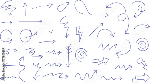 Collection of hand drawn arrows and symbols in blue ink