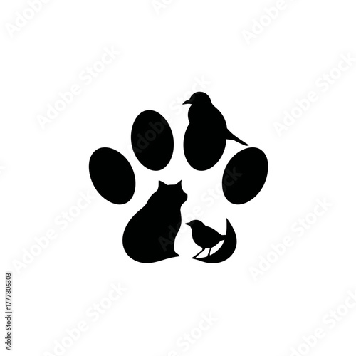 Stylized animal paw print graphic with cat and birds silhouettes. Design for pet care, wildlife, veterinary, and animal welfare concepts.