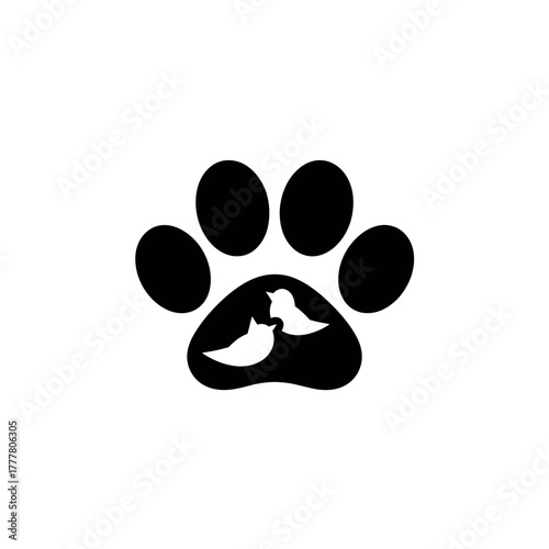 Paw print icon with cat and bird silhouettes. Veterinary clinic, pet care, animal rescue, animal love, shelter logo vector graphic.