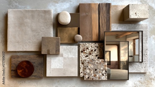 Material Palette: A curated selection of interior design materials artfully arranged. Showcasing textures and patterns. Embodying style.