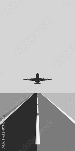 Vector illustration of an airplane taking off from an airport runway. Minimalist design symbolizing air travel, departure, and new beginnings.