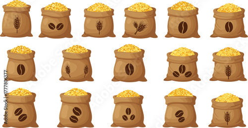 Burlap sacks filled with yellow grain, coffee beans, wheat symbols, agricultural products, farming harvest, rural storage, food supply, commodity sorting