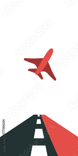 Minimalist flat design red airplane flying over a stylized runway, symbolizing air travel, journey, departure, and global exploration.