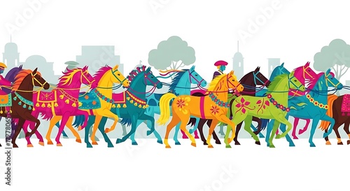 Colorful Horses Parade Illustration - Festive Celebration and Cultural Event.