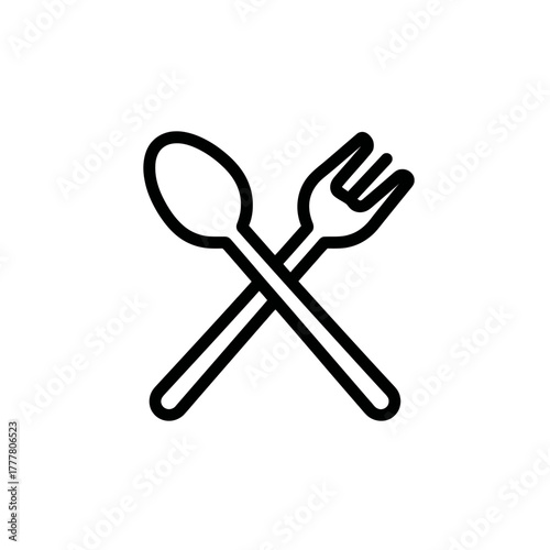 Crossed Spoon and Fork Outline Icon. Simple Black Line Art Vector Symbol for Food, Dining, Restaurant, Kitchen, or Meal Menu.