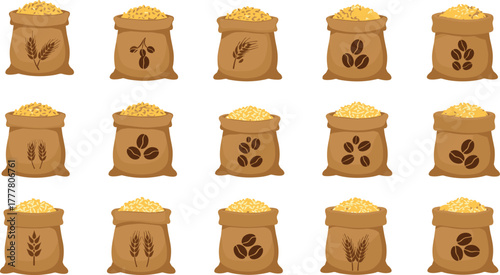 Burlap sacks with grain, wheat, coffee, olive symbols, agricultural packaging, organic food storage, rustic texture, farming, harvest, branding