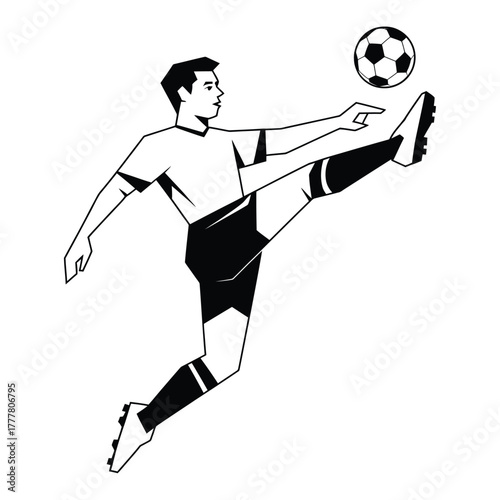 Dynamic soccer player kicking ball in mid air action