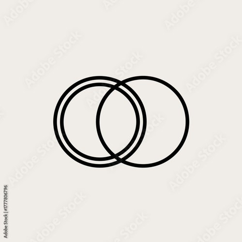 Minimalist interlocking circles icon. Modern abstract geometric outline design representing connection, infinity, or collaboration on a neutral background.