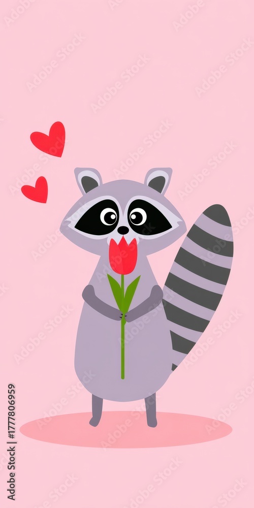 Fototapeta premium Raccoon cartoon holding tulip with red hearts on pink background