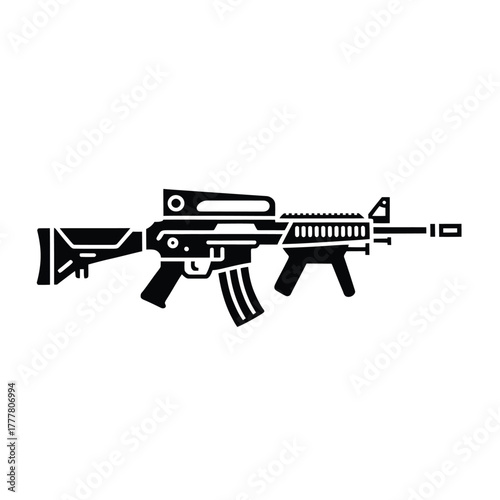 Stylized silhouette of a modern assault rifle with scope