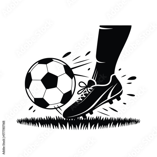 Close up of a soccer player kicking a ball on grass