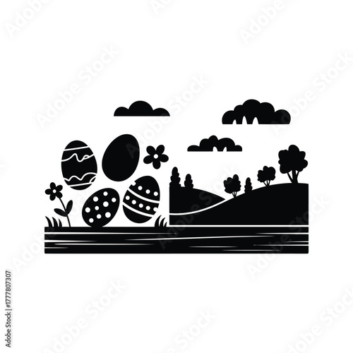 Easter egg hunt in a rolling countryside landscape