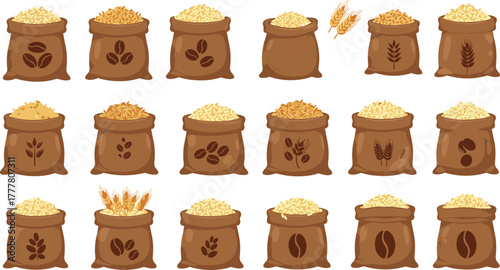 Burlap sacks, grain storage, wheat harvest, agricultural products, rustic texture, farming supplies, organic seeds, food packaging, crop icons, rural economy