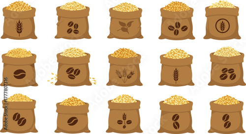 Burlap sacks filled with assorted grains, seeds, wheat, coffee, agriculture icons, farming symbols, harvest textures, organic food packaging design