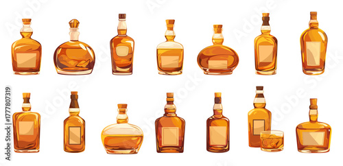 Set of cartoon glass bottles with whiskey, vector illustration