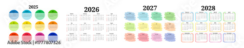 Set of calendars for 2025, 2026, 2027 and 2028 on a white background