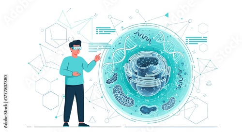 Scientist using vr to interact with detailed cell diagram showing molecular biology elements