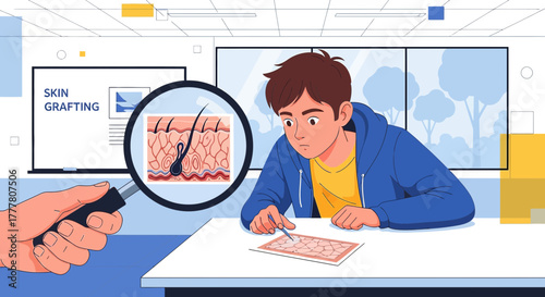 Skin grafting study and research illustration with doctor and human anatomy model for medical