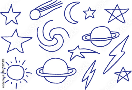 Hand drawn collection of celestial objects and cosmic symbols