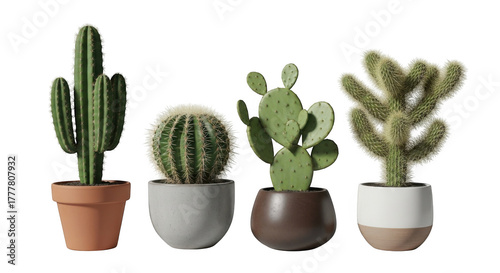 Collection of four potted cacti varieties displayed against a contrasting black background transparent background