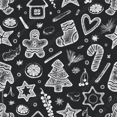 Vintage Hand Drawn Vector Seamless Pattern of Gingerbread. Not AI Generated. Chalk Board Retro Christmas Pastry Engraved Old Style Illustration