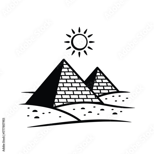 Hand drawn illustration of egyptian pyramids under a bright sun