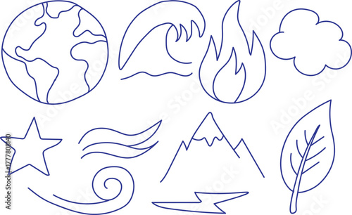 Simple line drawing of the four classical elements and nature symbols