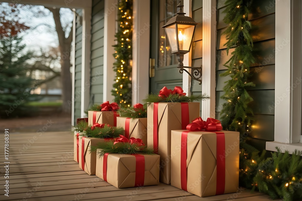 Obraz premium Christmas presents wrapped in brown paper with red ribbon on a porch