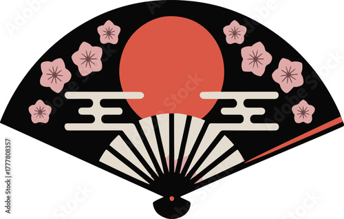 Japanese Fan Design with Cherry Blossoms and Rising Sun Illustration