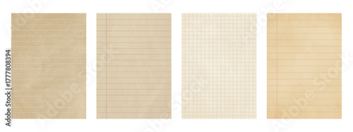 Vintage lined and grid checkered paper set, aged notebook sheet, retro beige stationery background, old texture writing papers template