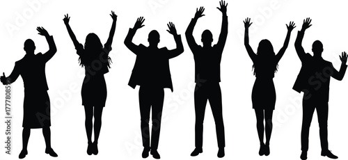 Business team silhouette, corporate success, teamwork celebration, raised hands, professional unity, group achievement, leadership, motivation, office people, career growth