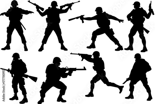 Army Action Pose Silhouette Vector Bundle Isolated on White Background