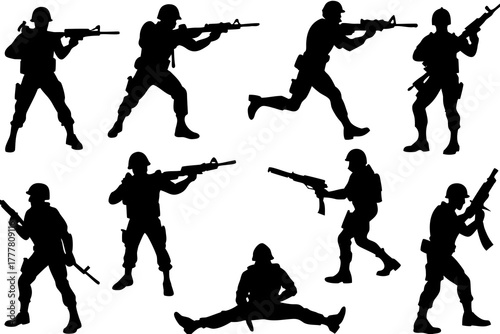 Army Action Pose Silhouette Vector Bundle Isolated on White Background