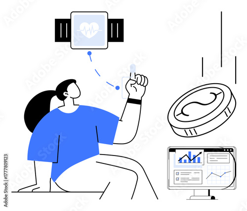 Wearable fitness tracker, wrist interaction, connected coin, data charts on computer screen, modern woman. Ideal for health, tech, self-care innovation finance wellness data analysis. Simple flat