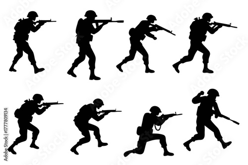 set of Army Action Pose Silhouette Vector illustration Isolated on White Background