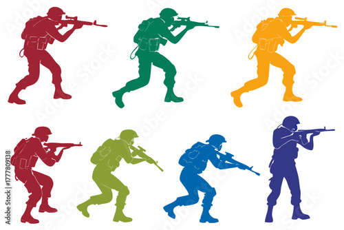 set of Army Action Pose Silhouette Vector illustration Isolated on White Background