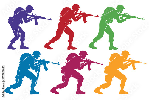 Army Action Pose Silhouette Vector Bundle Isolated on White Background