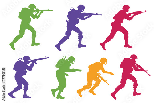 Army Action Pose Silhouette Vector Bundle Isolated on White Background