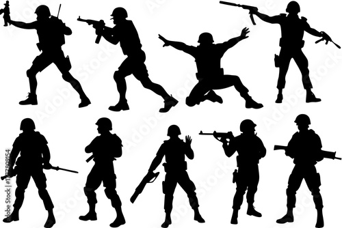 set of Army Action Pose Silhouette Vector illustration Isolated on White Background