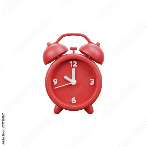 3D Red Alarm Clock Isolated on Transparent Background , Minimalist Time Icon Illustration.