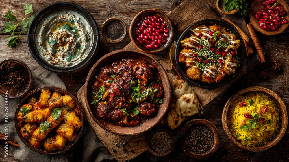 Fototapeta premium Overhead view of diverse middle eastern dishes on a rustic wooden surface